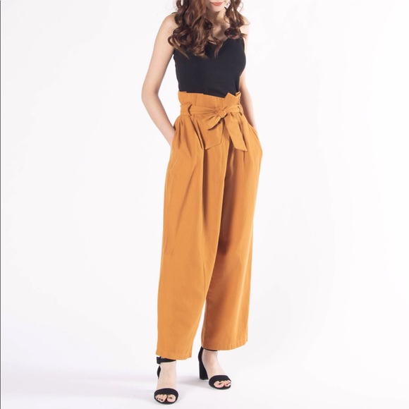 Mustard Belted Waist Linen Blend Ankle Pants - Picture 3 of 3